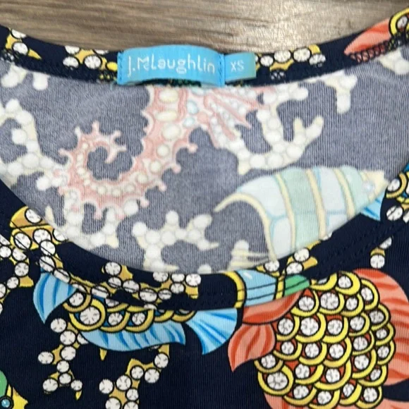 J. McLaughlin Navy Multi Bejeweled Under The Sea Fish Catalina Cloth Shirt Tee - Picture 2 of 5